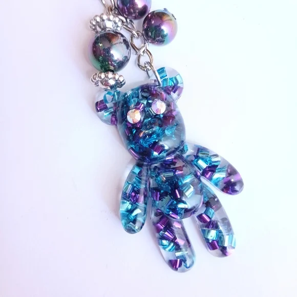 Confetti teddy bear keychain bag purse charm blue purple with rainbow beads new - Picture 2 of 6